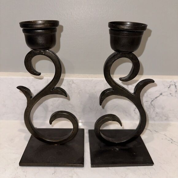 Uttermost Set Of Two Dark Iron Bronze “Sorel” Candleholders Heavy High End Brand - Picture 1 of 8